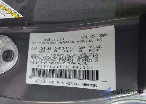 2006 Mitsubishi Eclipse Gt z USA, uszkodzony, nr VIN 4A3AK34T16E043534